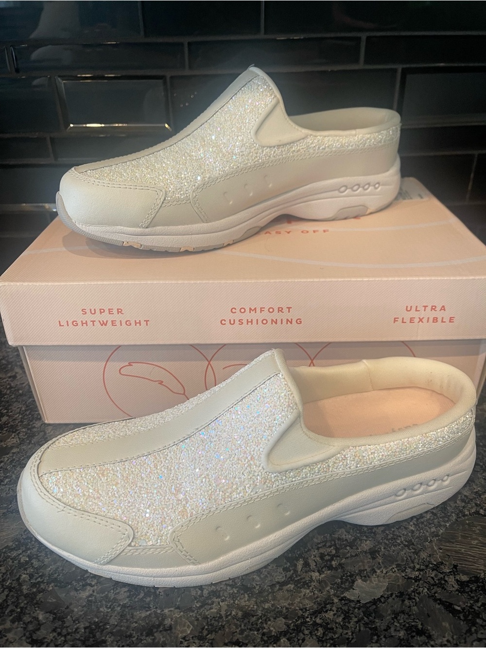 Easy Spirit Women's White Glitter Slip-On Mules